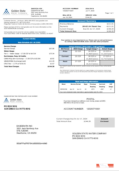 USA California Golden State Water Company business utility bill template in Word and PDF formats